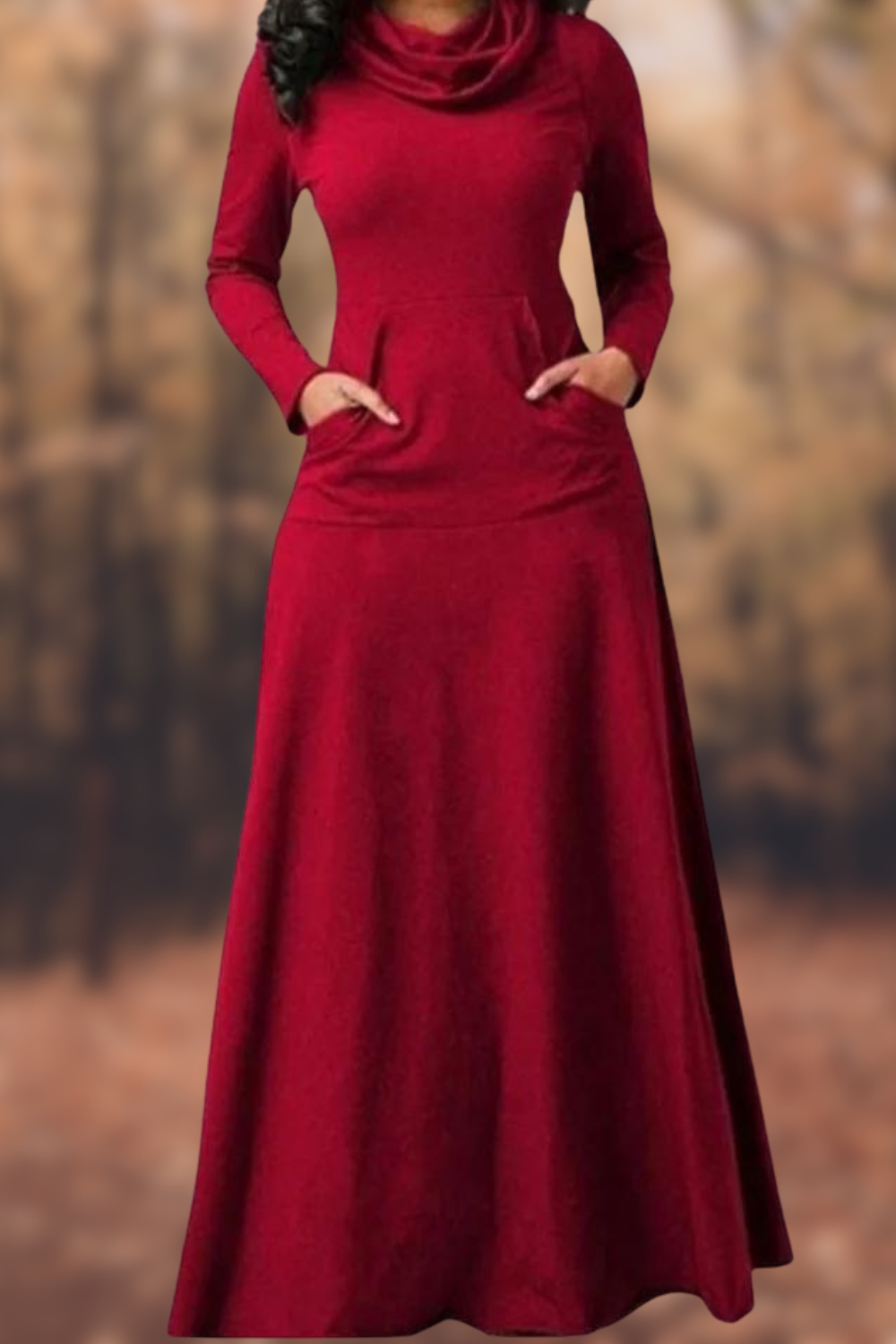 MW | Lässiges langärmeliges Maxikleid mit Rundhalsausschnitt und Tasche