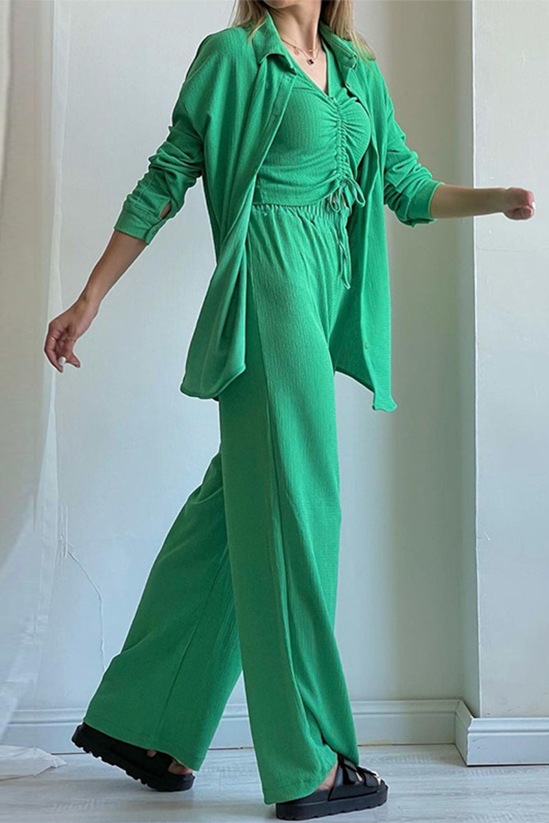 MW | Casual Solid Draw String Fold Turndown Kragen Langarm Dreiteilig (Shirt Weste Hose)