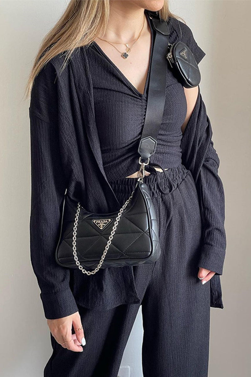 MW | Casual Solid Draw String Fold Turndown Kragen Langarm Dreiteilig (Shirt Weste Hose)