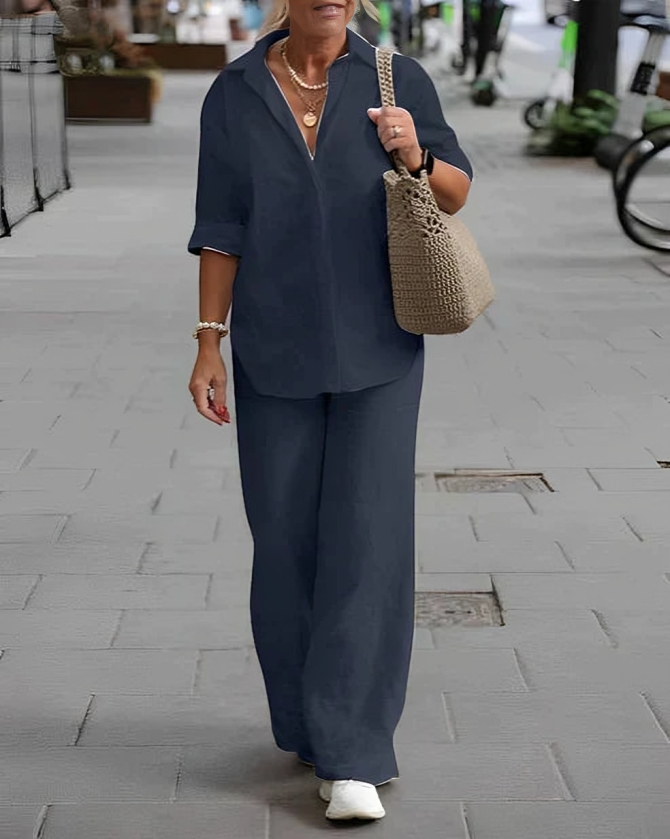 MW | Damen Freizeit-Poloshirt und Hose mit geradem Bein Set