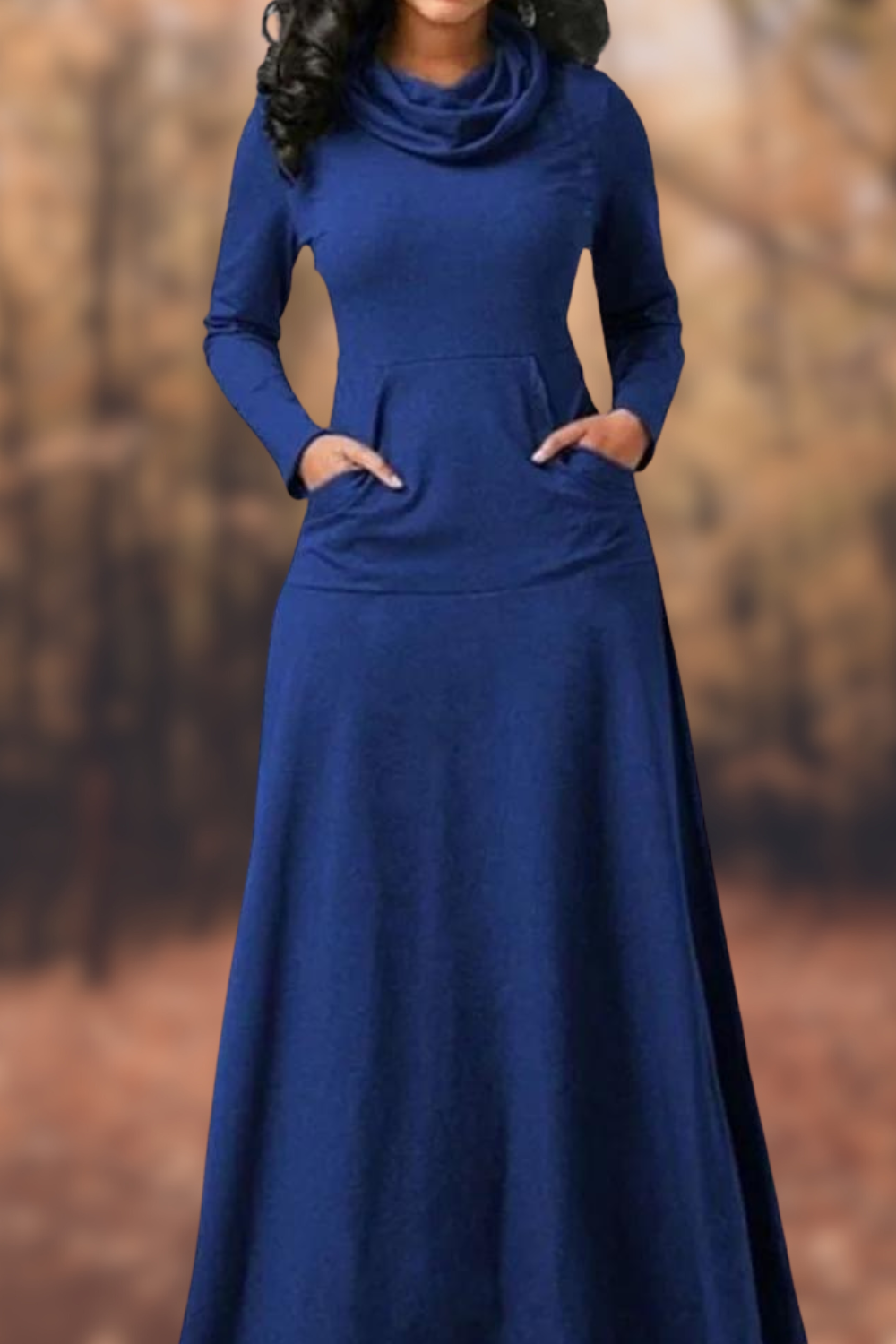 MW | Lässiges langärmeliges Maxikleid mit Rundhalsausschnitt und Tasche