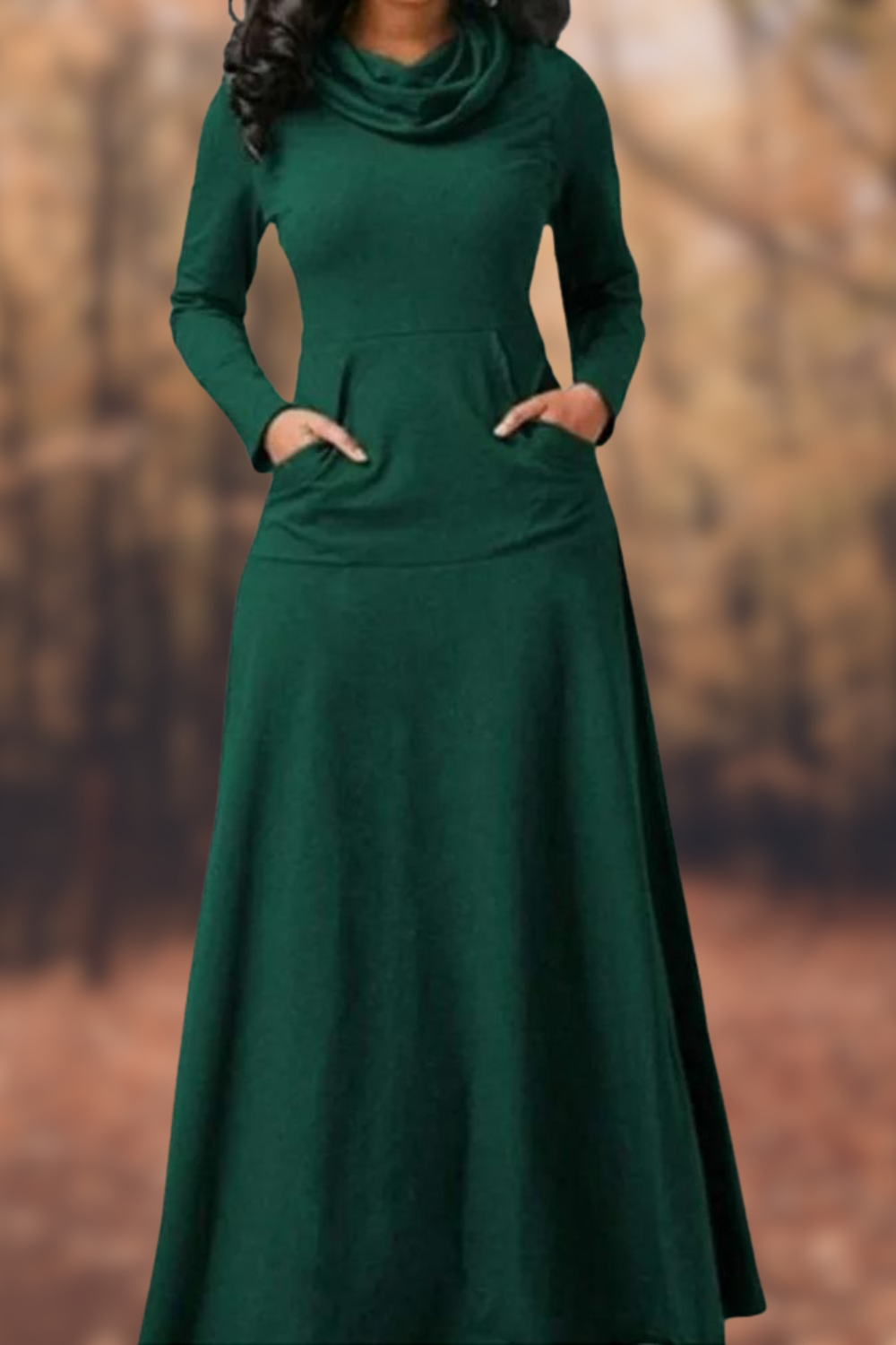 MW | Lässiges langärmeliges Maxikleid mit Rundhalsausschnitt und Tasche