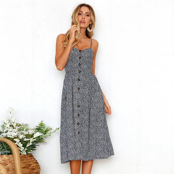 MW | Druck Hosenträger Robe V-Ausschnitt Seeveless Damen Vestiti Donna Midi-Kleider