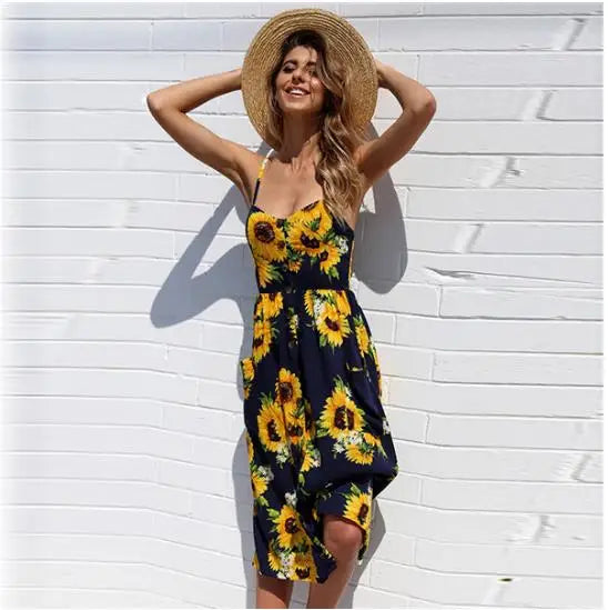 MW | Druck Hosenträger Robe V-Ausschnitt Seeveless Damen Vestiti Donna Midi-Kleider