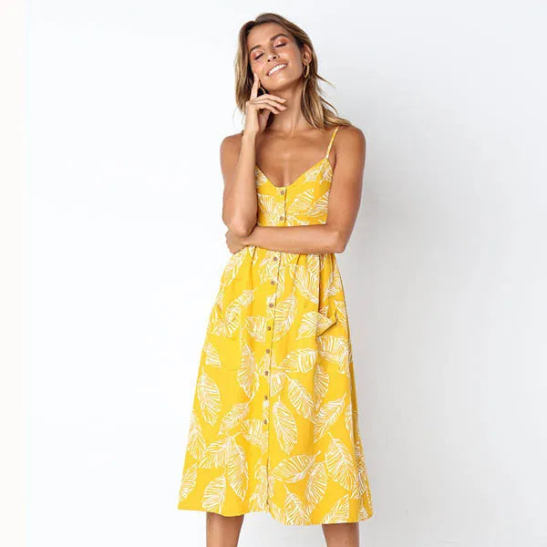 MW | Druck Hosenträger Robe V-Ausschnitt Seeveless Damen Vestiti Donna Midi-Kleider
