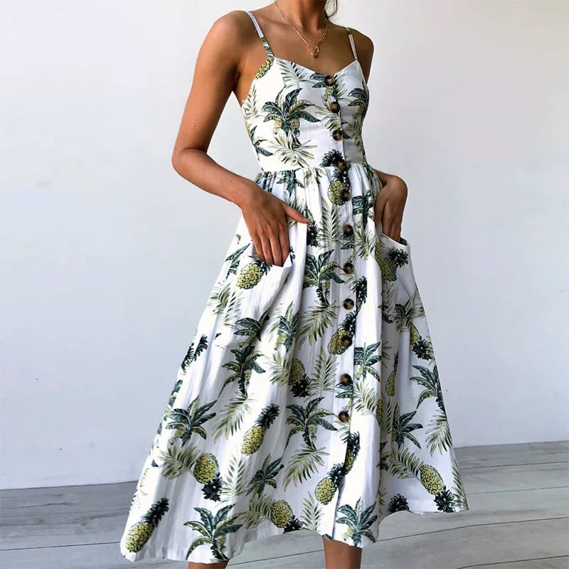 MW | Druck Hosenträger Robe V-Ausschnitt Seeveless Damen Vestiti Donna Midi-Kleider
