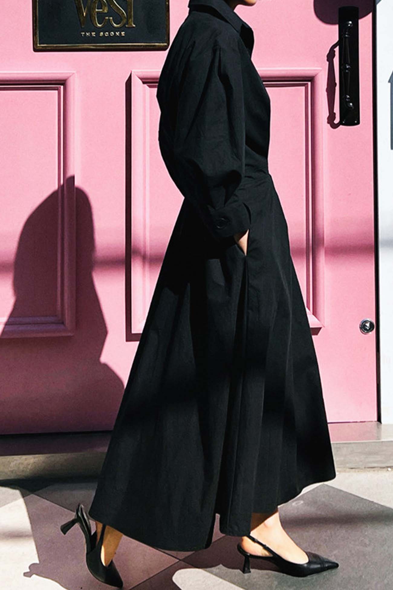 MW | Langärmeliges A-Linien-Hemd Midikleid aus Baumwolle