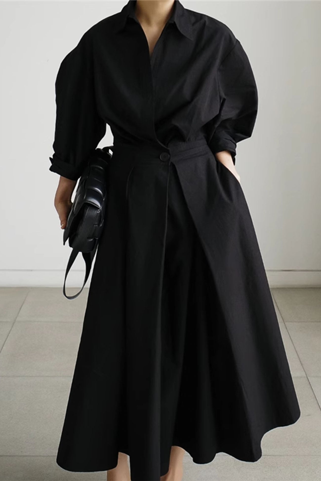 MW | Langärmeliges A-Linien-Hemd Midikleid aus Baumwolle