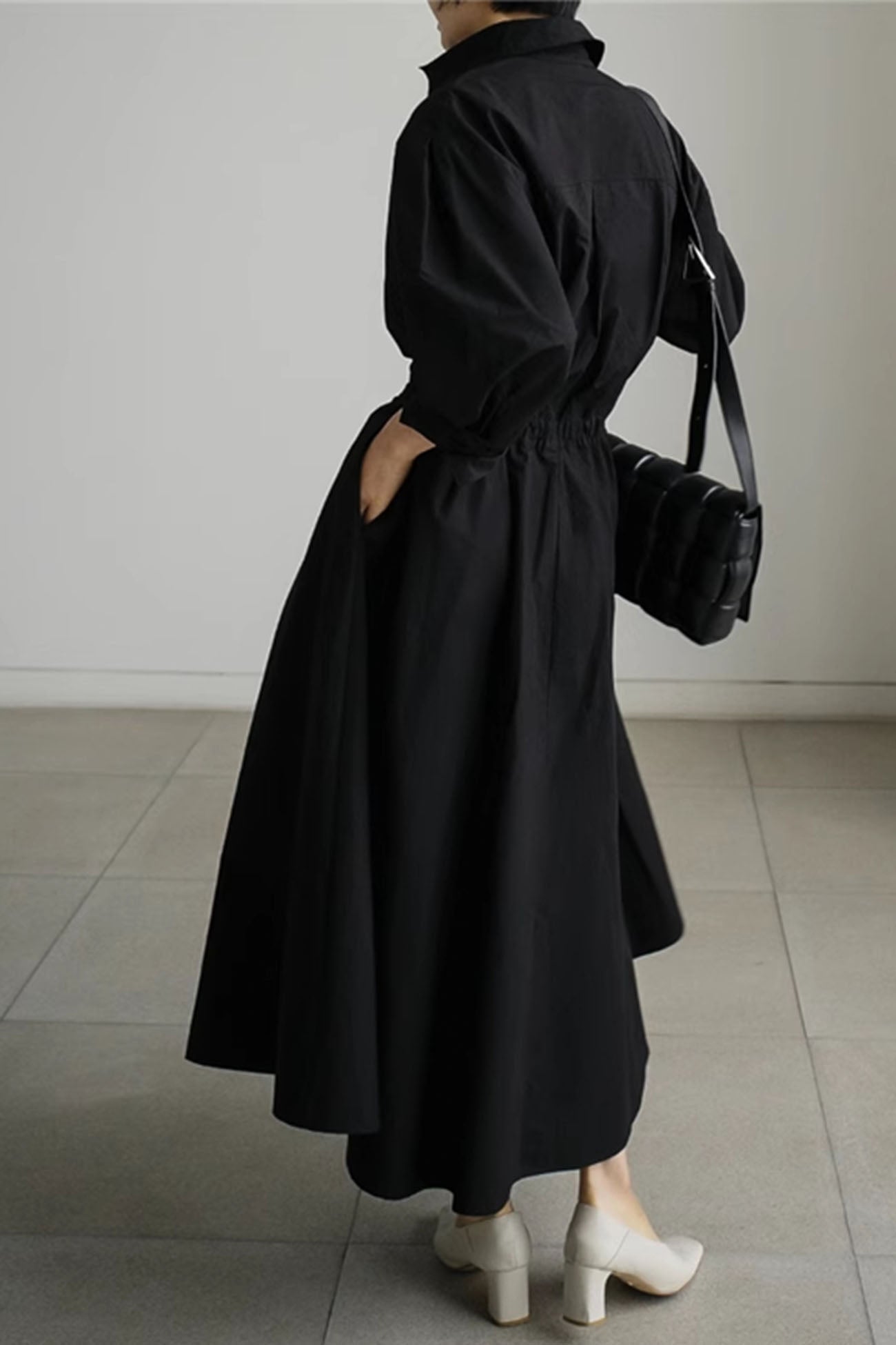 MW | Langärmeliges A-Linien-Hemd Midikleid aus Baumwolle