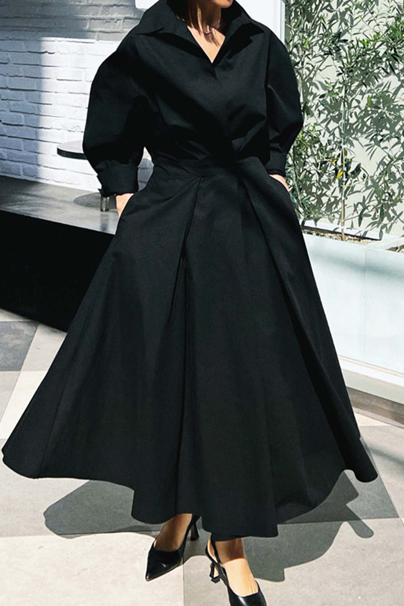 MW | Langärmeliges A-Linien-Hemd Midikleid aus Baumwolle