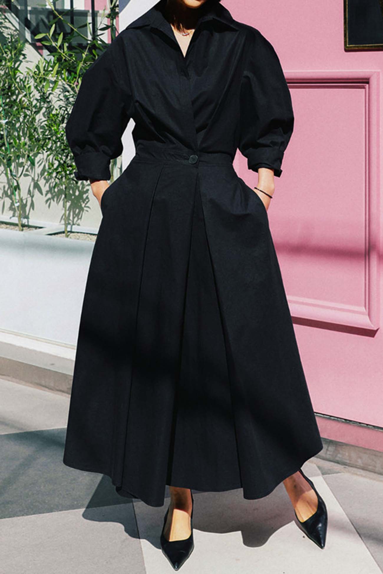 MW | Langärmeliges A-Linien-Hemd Midikleid aus Baumwolle