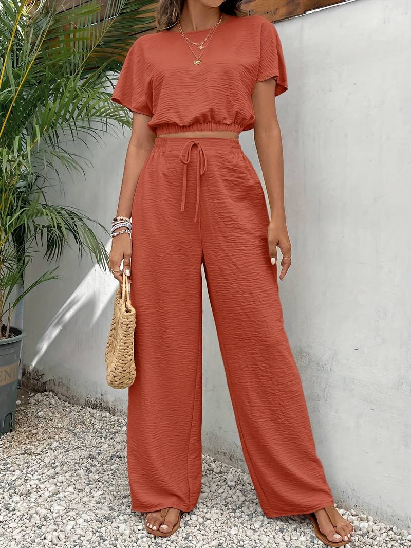 MW | Schickes Crop-Top-T-Shirt und hochtaillierte Hose für Frauen