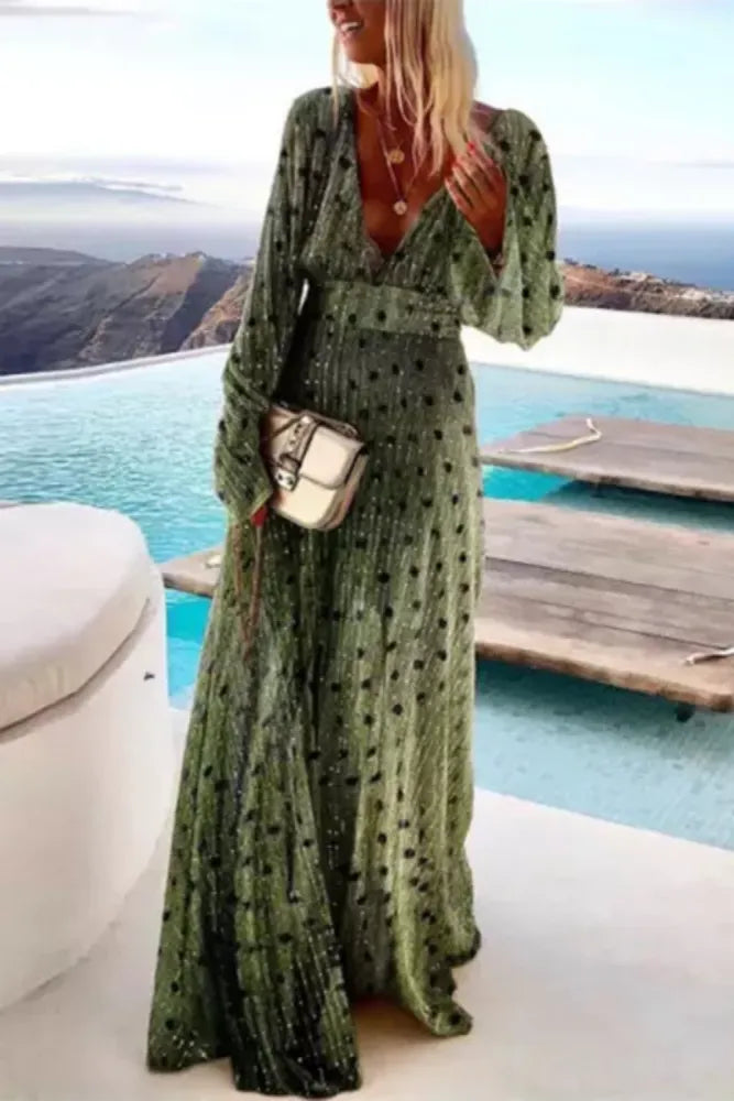 MW | Eleganter Druck Tief V Ausschnitt Mode Glänzend Langarm Maxi Kleid