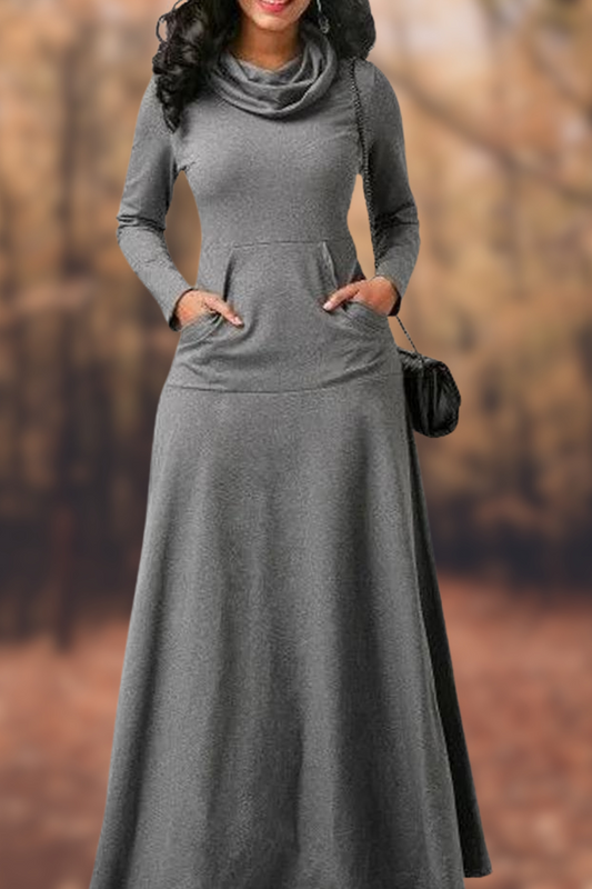 MW | Lässiges langärmeliges Maxikleid mit Rundhalsausschnitt und Tasche