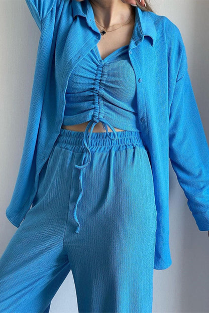MW | Casual Solid Draw String Fold Turndown Kragen Langarm Dreiteilig (Shirt Weste Hose)