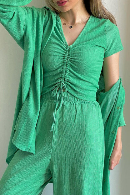 MW | Casual Solid Draw String Fold Turndown Kragen Langarm Dreiteilig (Shirt Weste Hose)