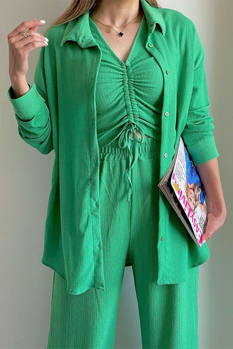 MW | Casual Solid Draw String Fold Turndown Kragen Langarm Dreiteilig (Shirt Weste Hose)