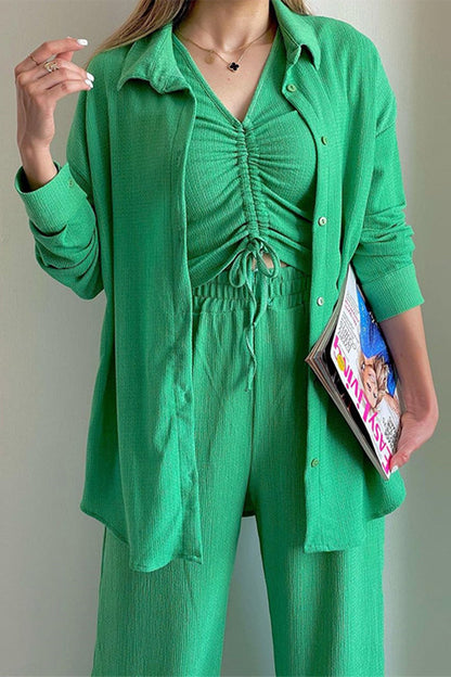 MW | Casual Solid Draw String Fold Turndown Kragen Langarm Dreiteilig (Shirt Weste Hose)