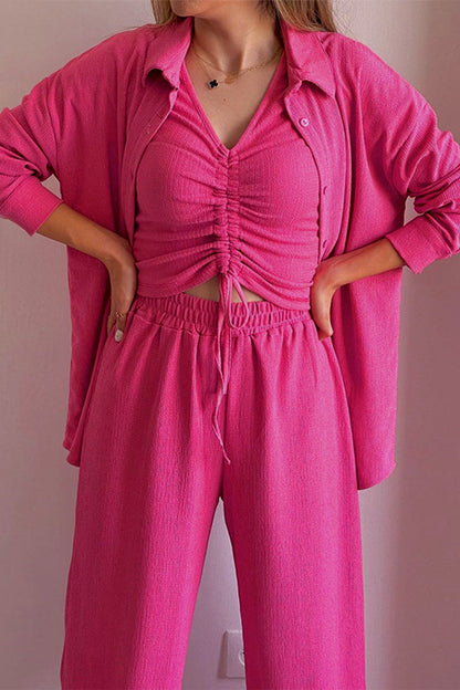 MW | Casual Solid Draw String Fold Turndown Kragen Langarm Dreiteilig (Shirt Weste Hose)