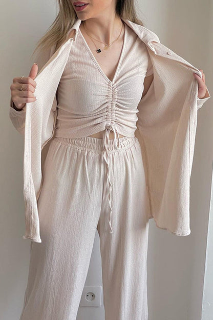 MW | Casual Solid Draw String Fold Turndown Kragen Langarm Dreiteilig (Shirt Weste Hose)