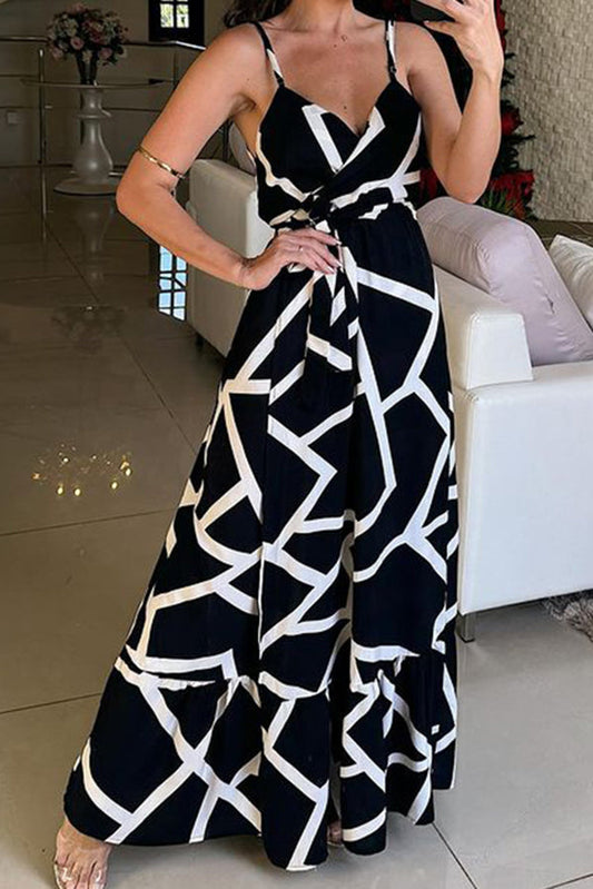 MW | Modische Farbe Block Druck Hosenträger Taille Krawatte Schlitz Maxi Kleid