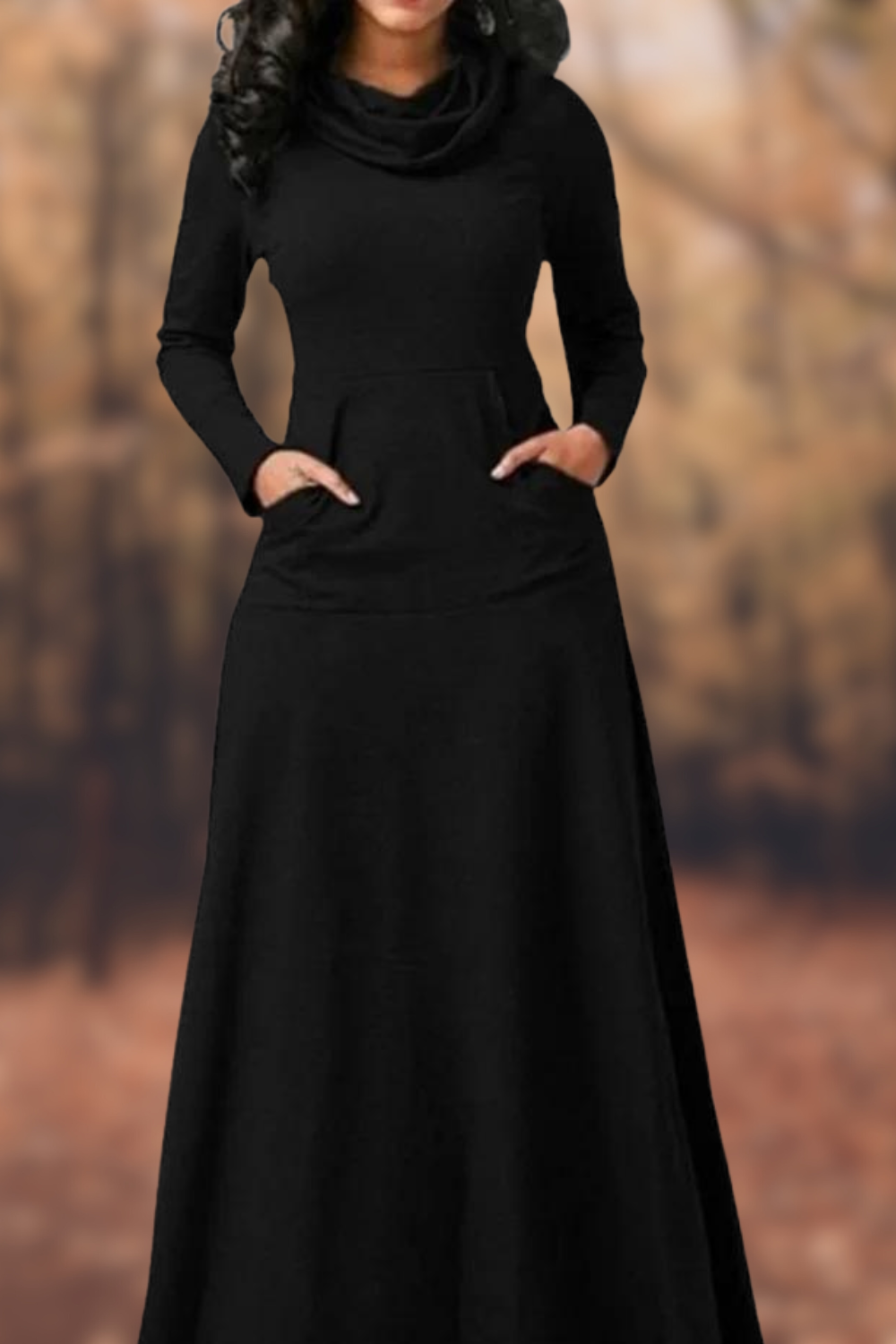 MW | Lässiges langärmeliges Maxikleid mit Rundhalsausschnitt und Tasche