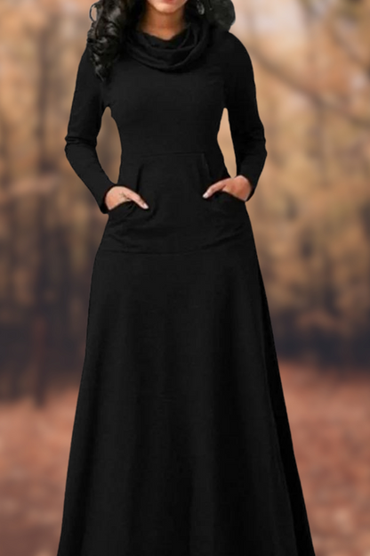 MW | Lässiges langärmeliges Maxikleid mit Rundhalsausschnitt und Tasche