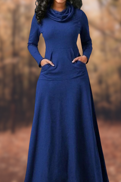 MW | Lässiges langärmeliges Maxikleid mit Rundhalsausschnitt und Tasche