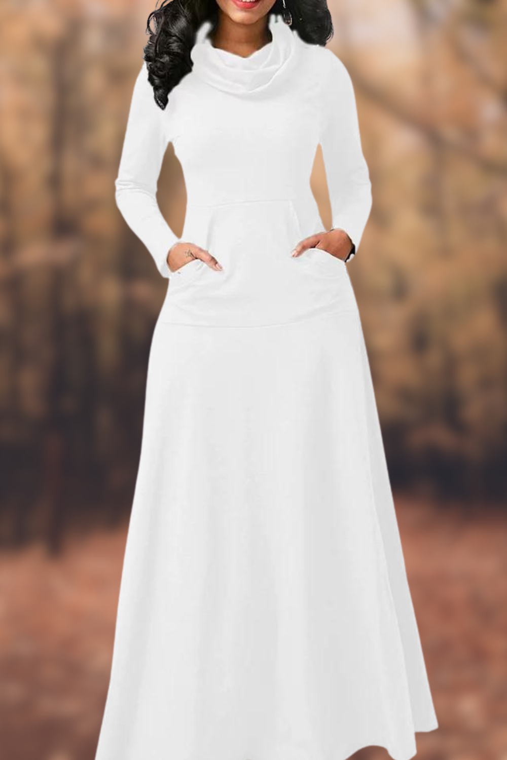 MW | Lässiges langärmeliges Maxikleid mit Rundhalsausschnitt und Tasche