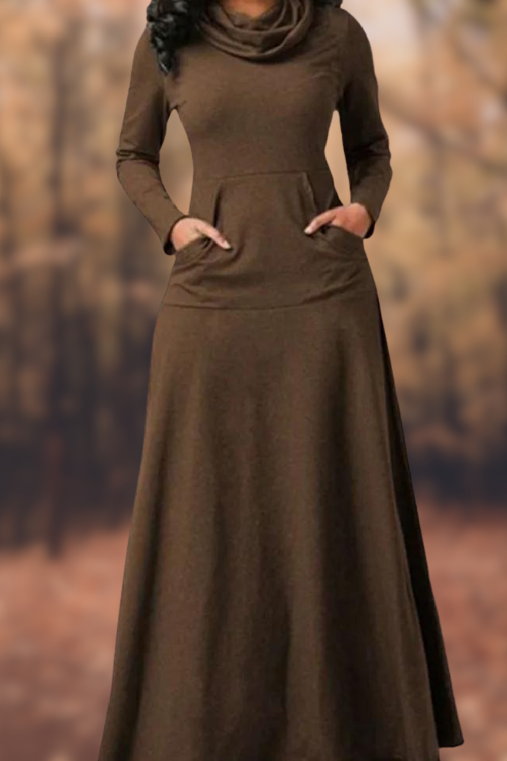 MW | Lässiges langärmeliges Maxikleid mit Rundhalsausschnitt und Tasche