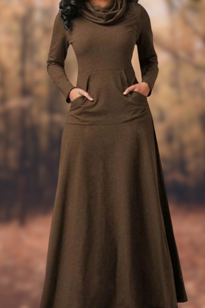 MW | Lässiges langärmeliges Maxikleid mit Rundhalsausschnitt und Tasche