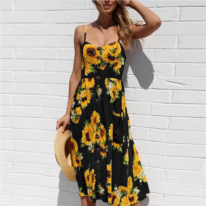 MW | Druck Hosenträger Robe V-Ausschnitt Seeveless Damen Vestiti Donna Midi-Kleider