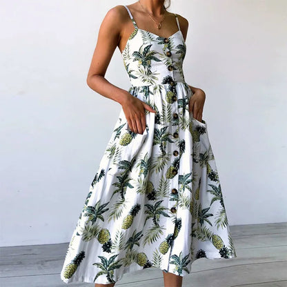 MW | Druck Hosenträger Robe V-Ausschnitt Seeveless Damen Vestiti Donna Midi-Kleider