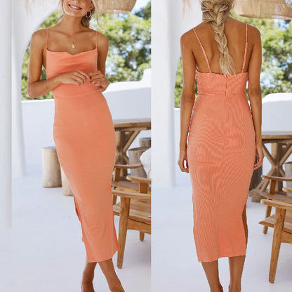 MW | Frauen Sommer Baumwolle Hosenträger Solid Farbe Midi-Kleider