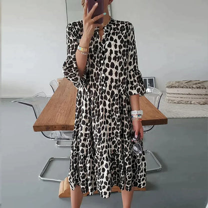 MW | Midikleid mit Leopardenmuster, Knopfleiste und 3/4-Ärmeln