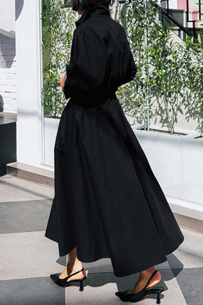 MW | Langärmeliges A-Linien-Hemd Midikleid aus Baumwolle