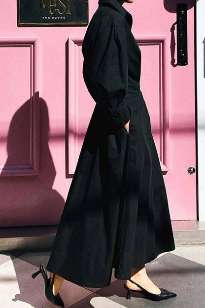 MW | Langärmeliges A-Linien-Hemd Midikleid aus Baumwolle