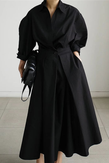 MW | Langärmeliges A-Linien-Hemd Midikleid aus Baumwolle