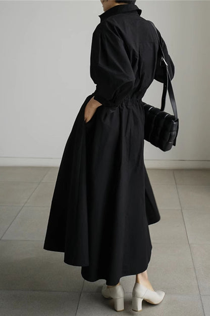 MW | Langärmeliges A-Linien-Hemd Midikleid aus Baumwolle