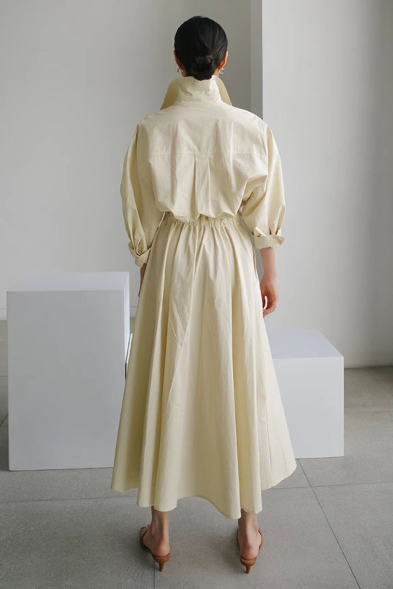 MW | Langärmeliges A-Linien-Hemd Midikleid aus Baumwolle
