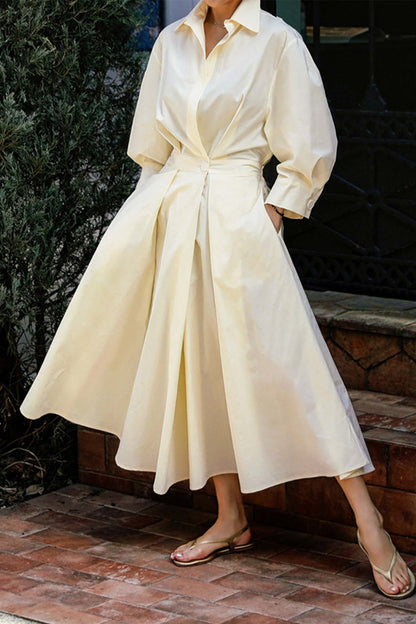 MW | Langärmeliges A-Linien-Hemd Midikleid aus Baumwolle