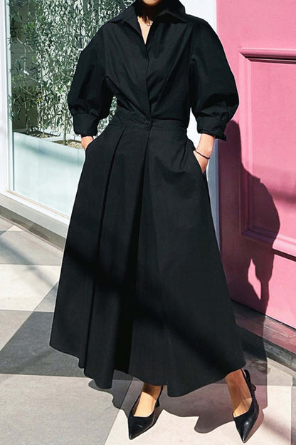 MW | Langärmeliges A-Linien-Hemd Midikleid aus Baumwolle