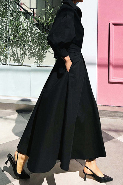 MW | Langärmeliges A-Linien-Hemd Midikleid aus Baumwolle