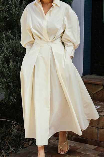 MW | Langärmeliges A-Linien-Hemd Midikleid aus Baumwolle