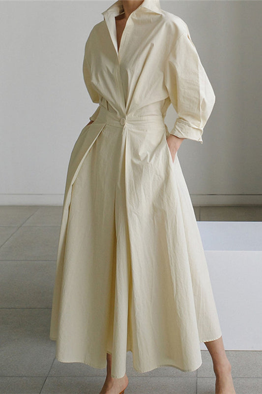 MW | Langärmeliges A-Linien-Hemd Midikleid aus Baumwolle