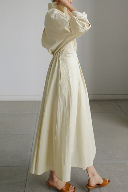 MW | Langärmeliges A-Linien-Hemd Midikleid aus Baumwolle