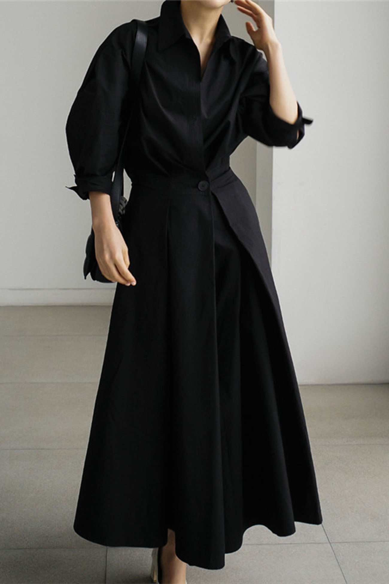 MW | Langärmeliges A-Linien-Hemd Midikleid aus Baumwolle