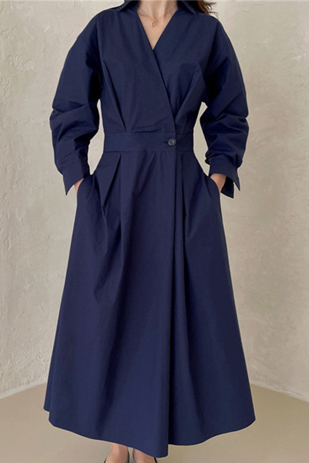MW | Langärmeliges A-Linien-Hemd Midikleid aus Baumwolle