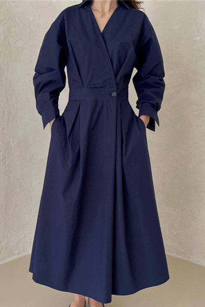 MW | Langärmeliges A-Linien-Hemd Midikleid aus Baumwolle