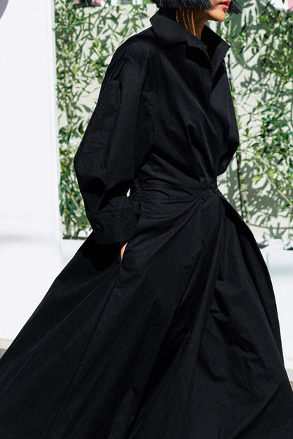 MW | Langärmeliges A-Linien-Hemd Midikleid aus Baumwolle